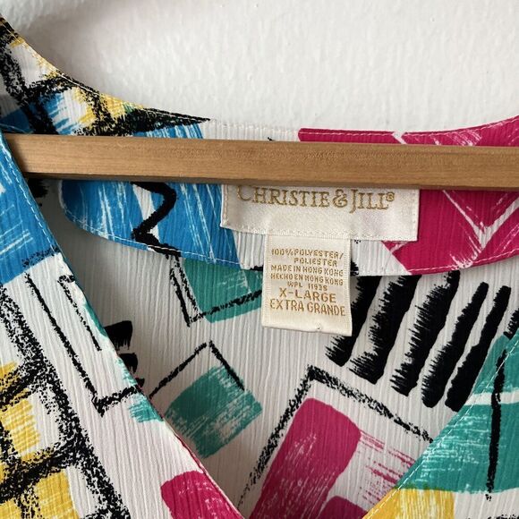 VTG Christie & Jill neon abstract blouse flowy artsy tunic XL texture 80s 90s - Picture 3 of 6